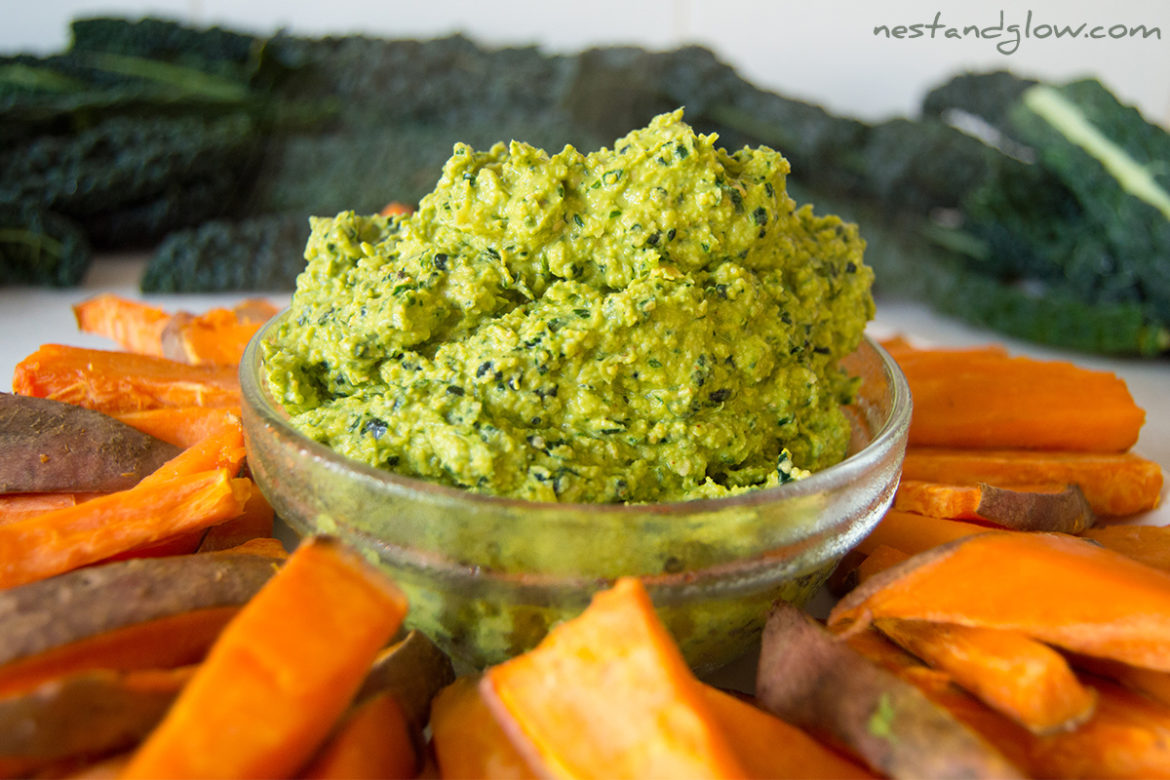 Kale Hummus and Baked Sweet Potato Chips Recipe - Easy and Healthy